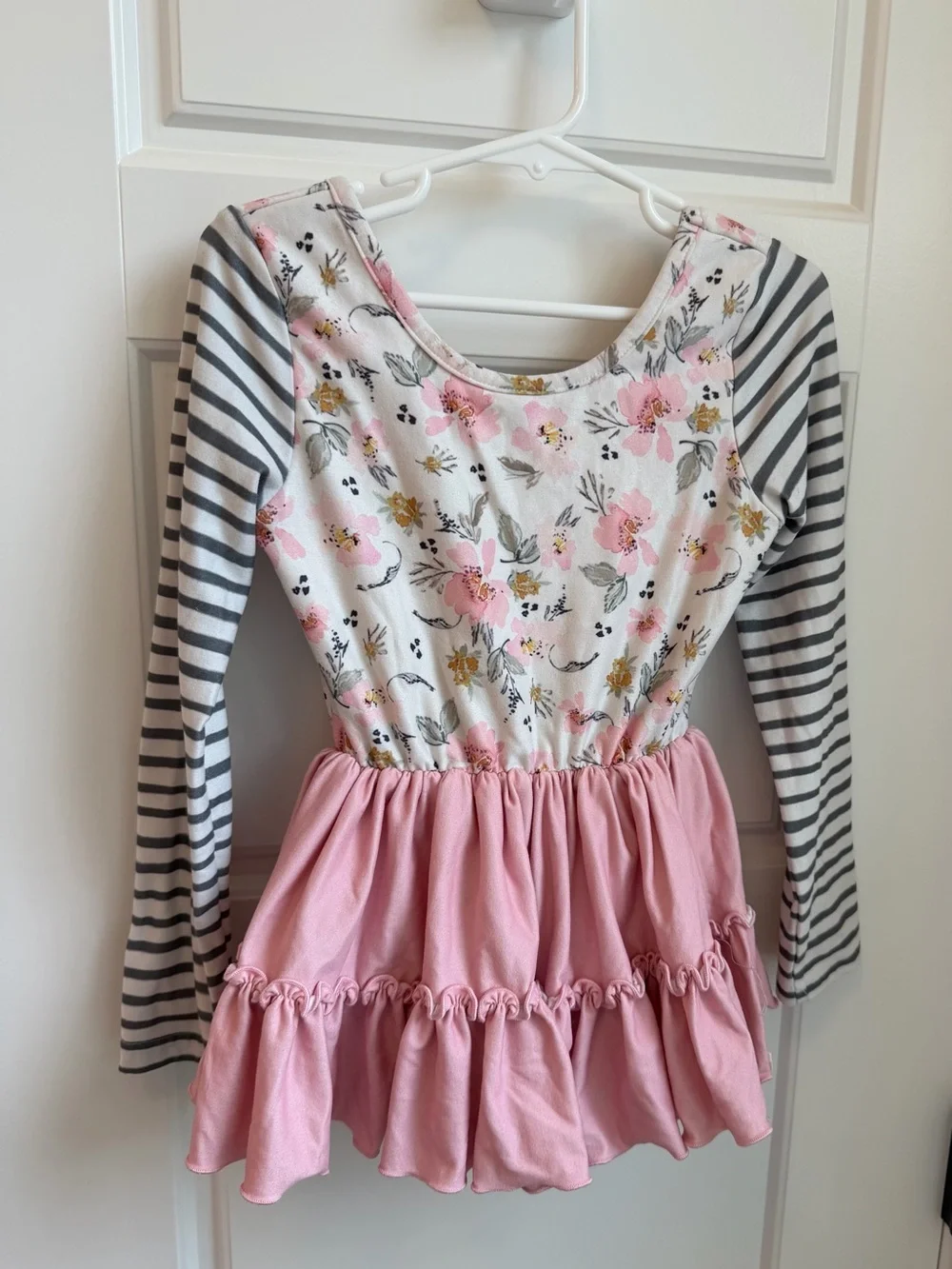 cheeky plum Farah Leotard Pink Floral & Gray Stripe Ruffle One-Piece